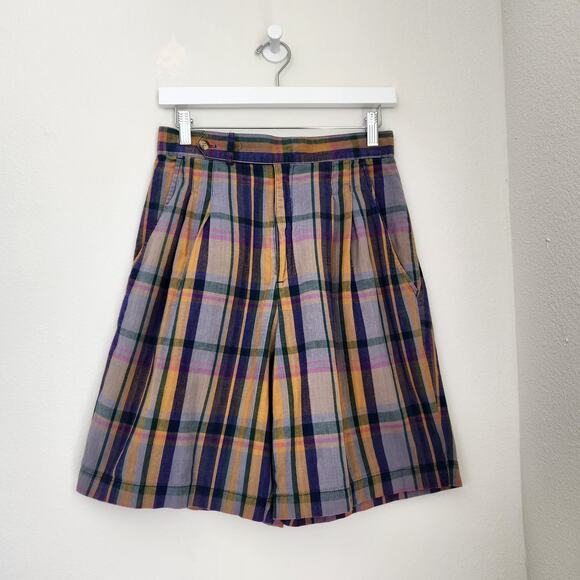 Vintage GAP 90s High Waisted Plaid Pleated Shorts Muted Yellow Green Blue 2 - Picture 9 of 13